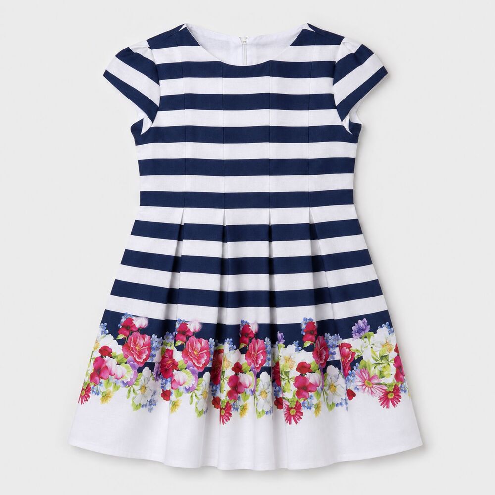 Mayoral girls size 9 navy/white stripe floral border fit and flare dress